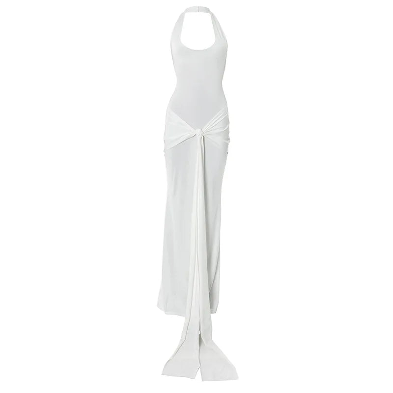Sleeveless Halter Neck Backless Maxi Dresses Elegant Womens Summer White Beach Dress