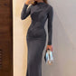 Women High Neck Long Sleeve Maxi Dress Ruched Front Bodycon Mermaid Hem Long Dress Elegant Evening Party Formal Dresses