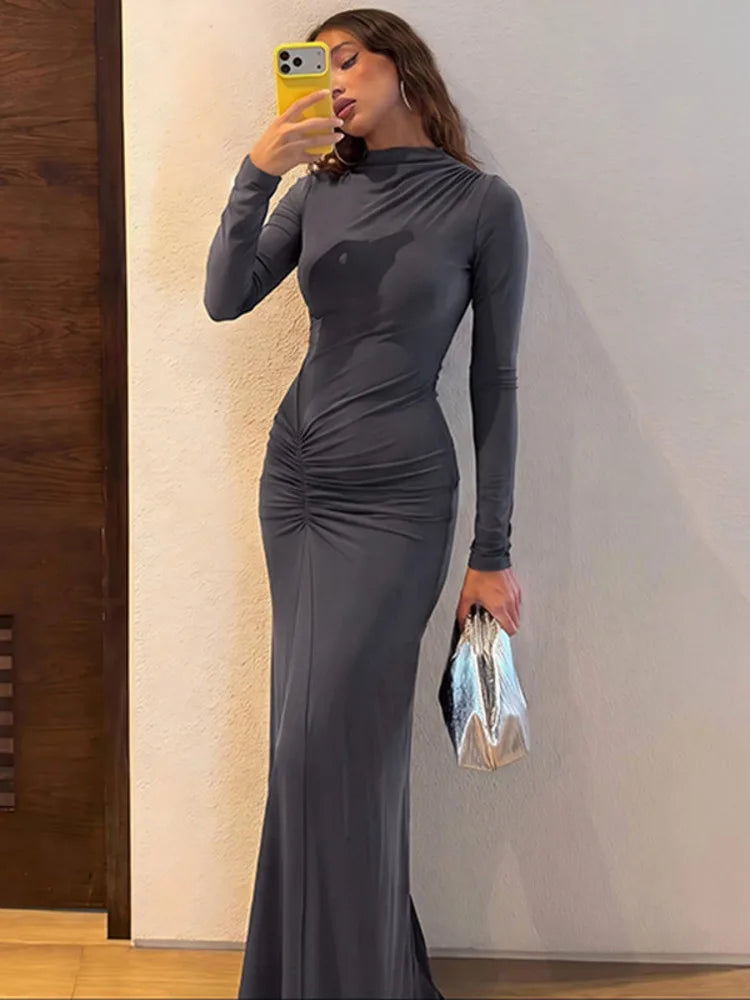 Women High Neck Long Sleeve Maxi Dress Ruched Front Bodycon Mermaid Hem Long Dress Elegant Evening Party Formal Dresses