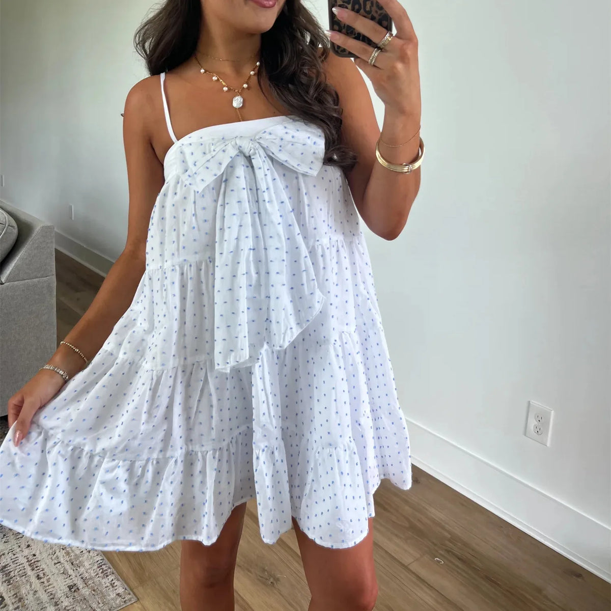 Women's Mini Cami Dress Stylish Dots Print Decorative Bow Square Neck Spaghetti Strap Short Dress for Summer Vacation