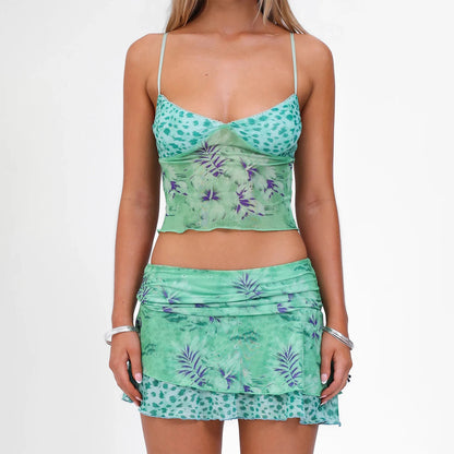 Women's Summer Outfits Vintage Floral Pattern Camisole Crop Tops with Skirt 2 Pcs Set for Vacation Beachwear