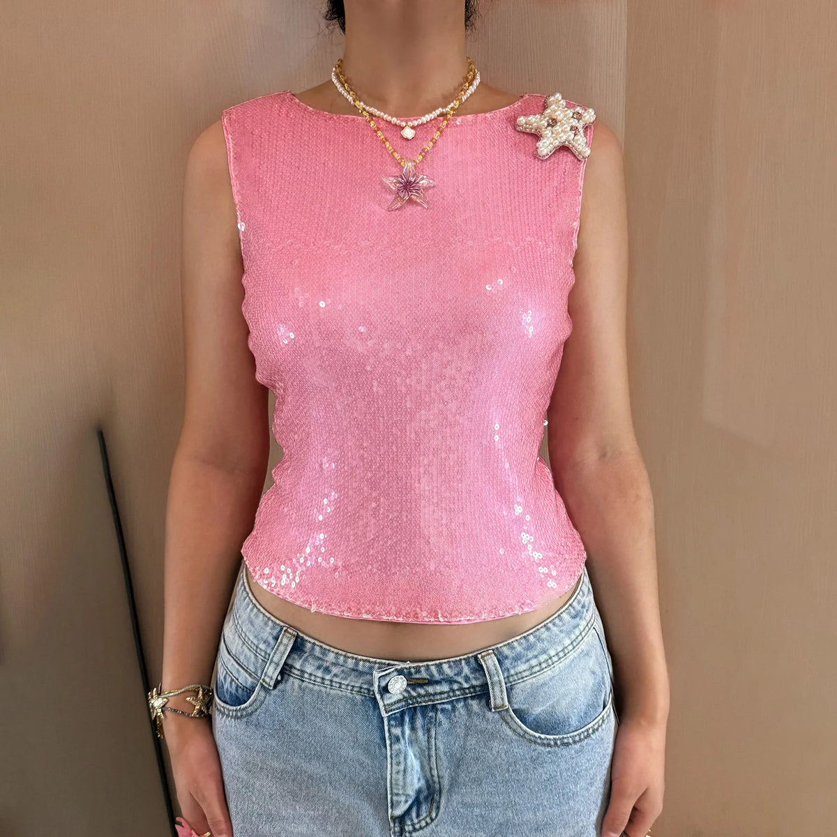 Women Y2K Sequin Pearl Starfish Tank Tops Teen Girls Sea Star Shiny Sleeveless Shirt Glitter Sparkly Summer Cami Top