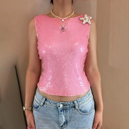 Women Y2K Sequin Pearl Starfish Tank Tops Teen Girls Sea Star Shiny Sleeveless Shirt Glitter Sparkly Summer Cami Top