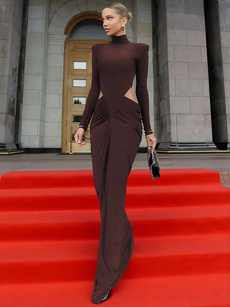 Turtleneck Long Sleeve Sexy Maxi Dress Women Elegant Autumn Winter Hollow Out Ruched Club Party Long Dresses Female