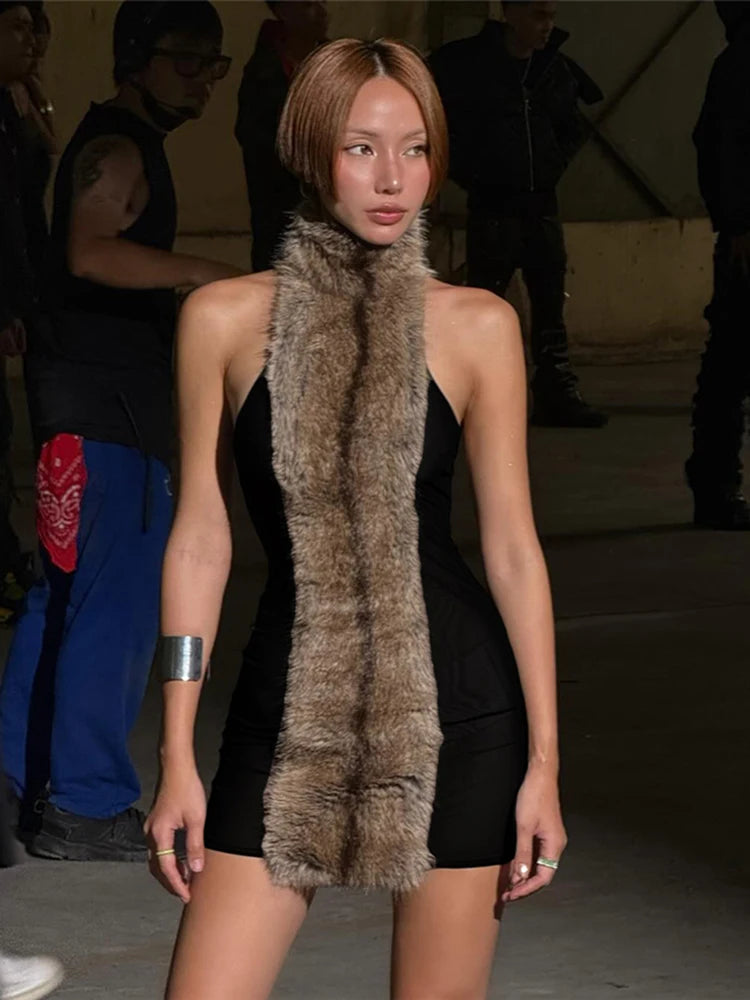 Fluff Patchwork Dress Women Halter Turtleneck Off Shoulder Backless Skinny Peach Hip Hottie High Street Style Bodycon