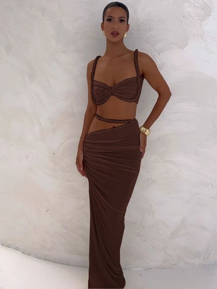 Ruched Y2K Sexy 2 Piece Set Women Plait Camisole+Hollow Skirts Bandage Vacation Beach Party Trend Skinny Clubwear