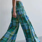 Vintage Plaid Patchwork Tiered Wide Leg Pants Women Shirred Waist Flowy Loose Bohemian Casual Streetwear Trousers