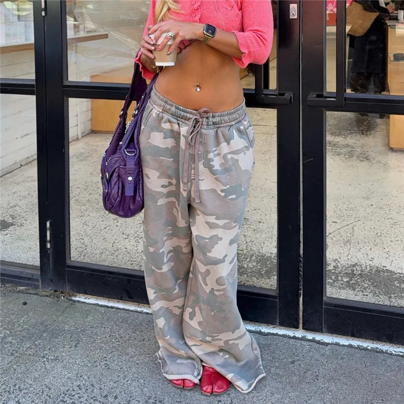 Y2K Baggy High Waist Wide Leg Sweatpants Drawstring Elastic Waist Joggers Camo Solid Color Casual Street Lounge Pants