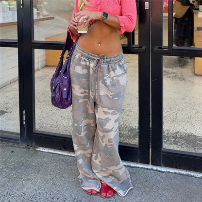 Y2K Baggy High Waist Wide Leg Sweatpants Drawstring Elastic Waist Joggers Camo Solid Color Casual Street Lounge Pants
