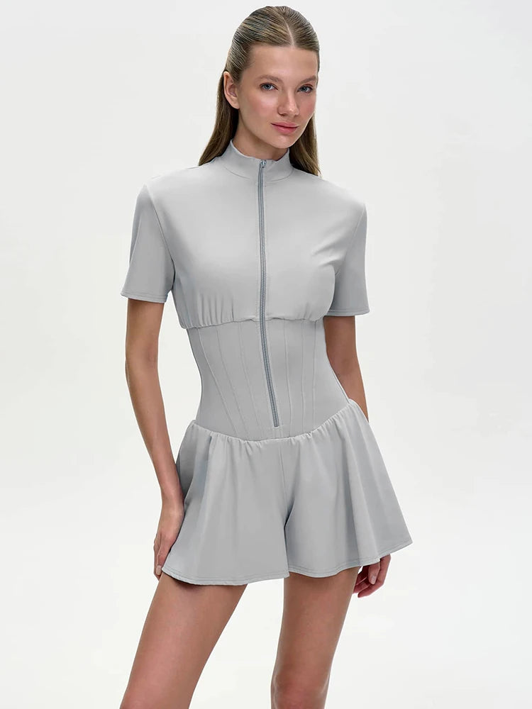 Short Sleeve Casual Sporty Playsuit Women Overalls Fashion Zipper High Waist Loose Fitness Romper Female Playsuits