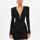Metal Decoration Dress Women v-Neck Full Sleeve Folds Elasticity Skinny Autumn Fashion Party Classic Mini Bodycon