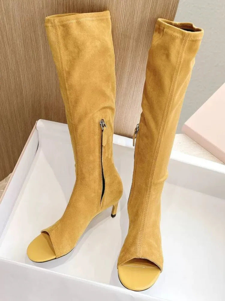 New European and American Fish Mouth Clip Toe Mid Boot, Fashionable Thin High Heel Side Zipper Women's High Tube Cool Boot