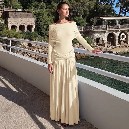 Off Shoulder Long Sleeve Pleated Dresses Women' S Clothes Solid Color French Elegant Maxi Dress Autumn