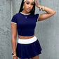 Sexy Skinny Sporty 2 Piece Set Women Summer Trend Crop Tops+Patchwork Contrast Tierred Skirts Outdoors Matching Suit