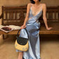 Patchwork Satin Lace Maxi Dress Women v-Neck Sleeveless Backless Summer Fashion Vacation Party Chic Elegant Vestidos