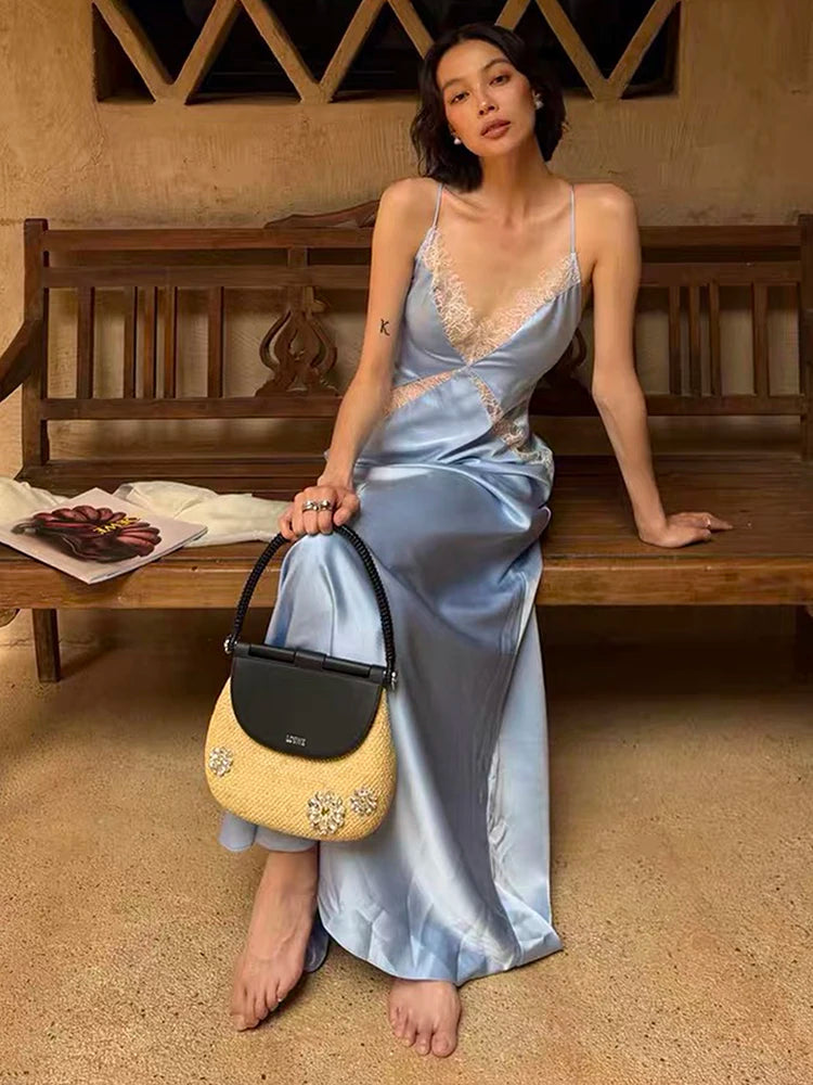 Patchwork Satin Lace Maxi Dress Women v-Neck Sleeveless Backless Summer Fashion Vacation Party Chic Elegant Vestidos