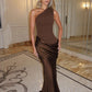 Satin Splicing One Shoulder Draped Maxi Dress Evening Gown Woman Party Dresses Elegant Sexy