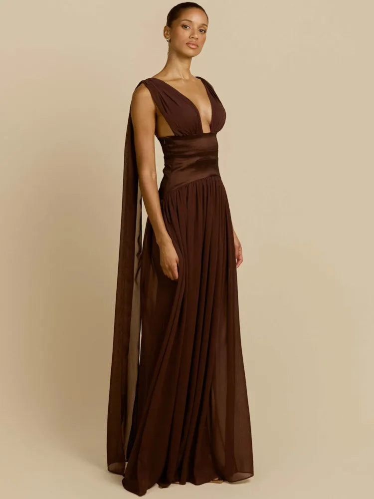 Deep V Neck Backless Sexy Maxi Dress Women Elegant Sleeveless Backless Bodycon Pleated Club Party Long Dress Female
