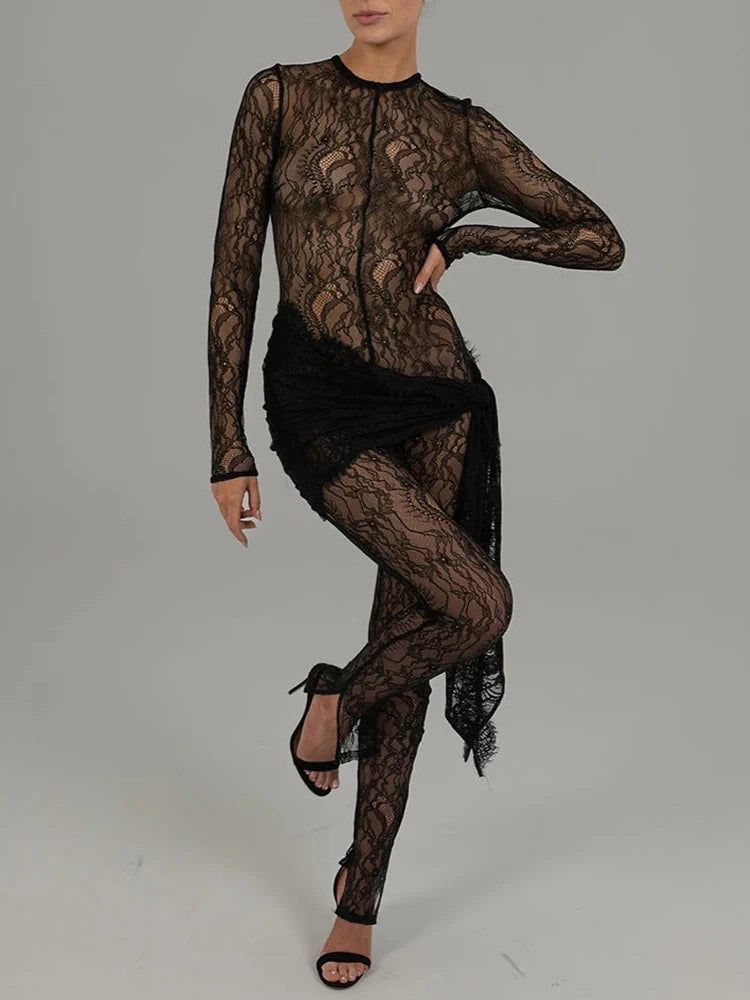 Lace See Through Long Sleeve Sexy Jumpsuit Women Fashion Transparent Irregular Elegant Club Party Jumpsuits Beachwear
