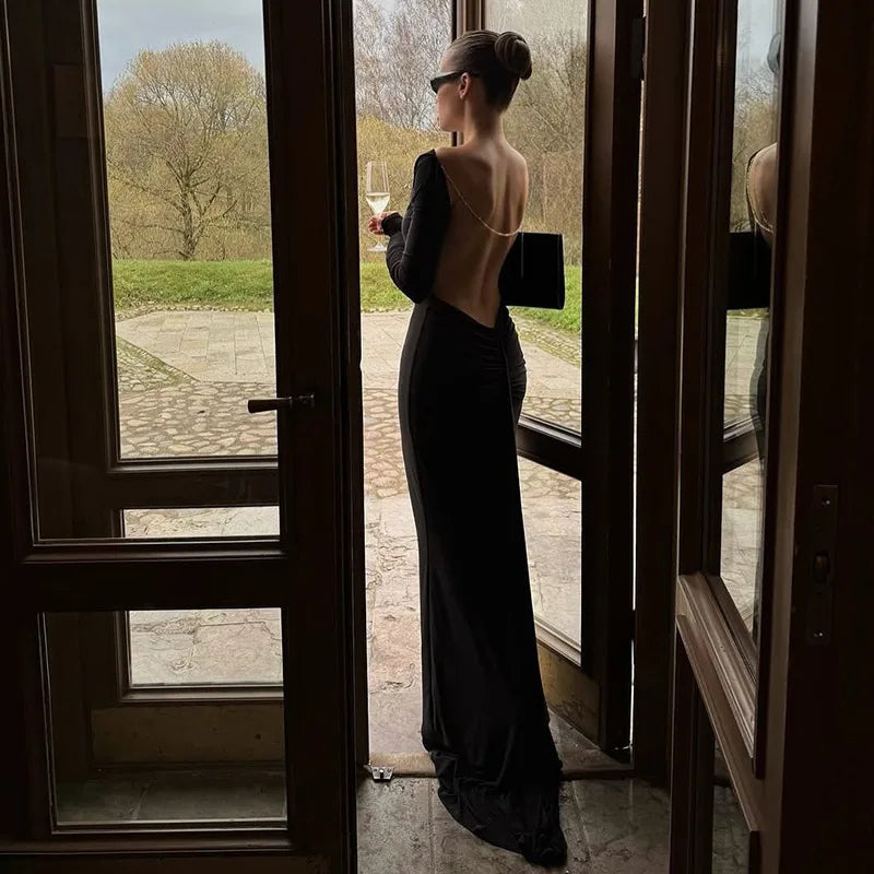 Chain Backless Long Sleeve Maxi Dress Black Prom Gowns Elegant Sexy Evening Party Dresses for Woman
