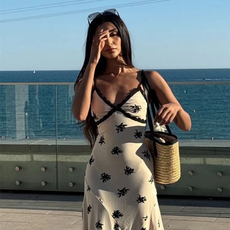 Floral Print Summer Dress French Style Elegant Deep V Neck Sleeveless Backless Long Dresses for Woman 2026