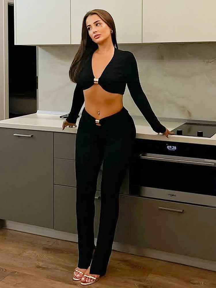 Autumn Ruched 2 Piece Set Women Metal Buckle Sexy V-Neck Full Sleeve Crop Tops+High waist Split Pant Basic Streetwear