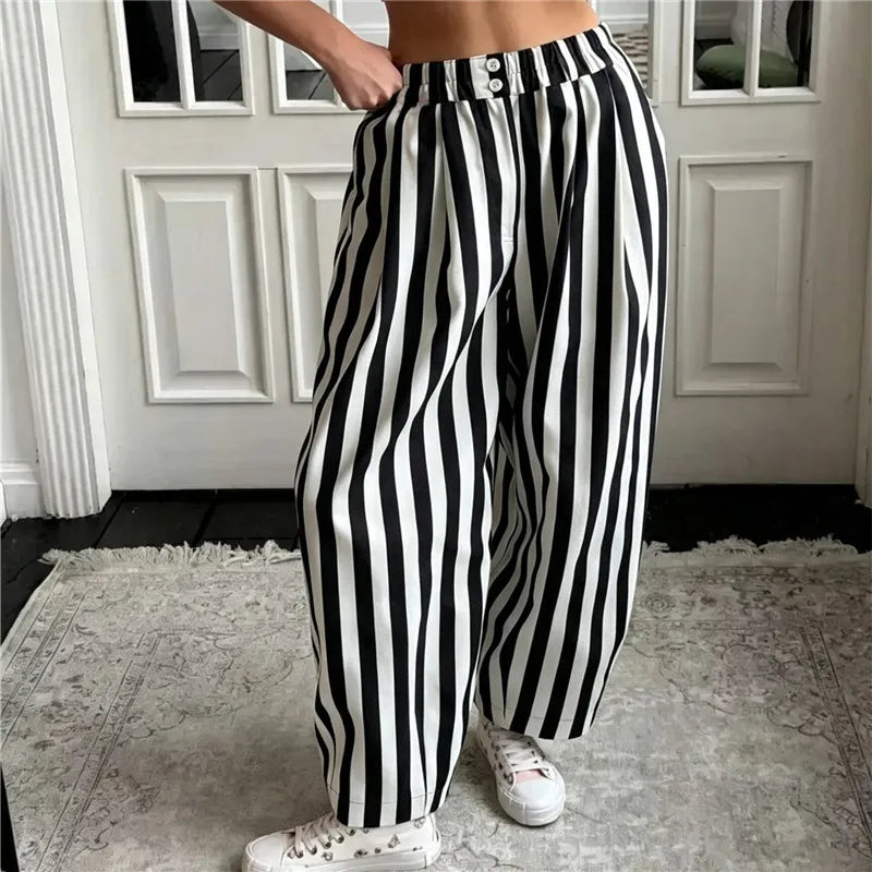 Women Vertical Striped Balloon Pants Elastic High Waist Double Button Loose Baggy Wide Leg Casual Trousers With Pockets