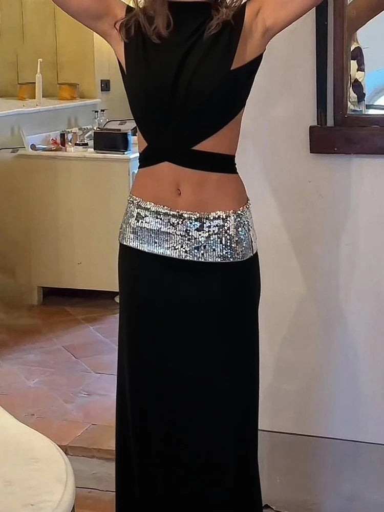 Sexy Y2K Elegant 2 Piece Set Women Summer Backless Cross Bandage Tank Top+Widewaist Sequins Long Skirts Matching Suit