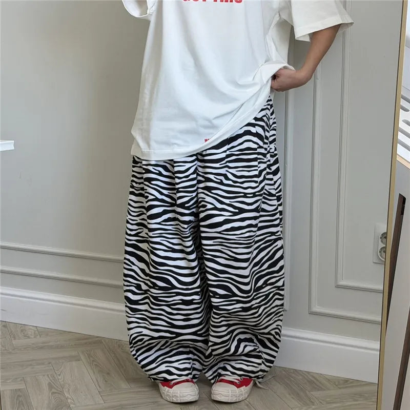 Harajuku Women Cow Print Zebra Print Baggy Wide Leg Pants Elastic High Waist Pleated Oversized Casual Long Trousers