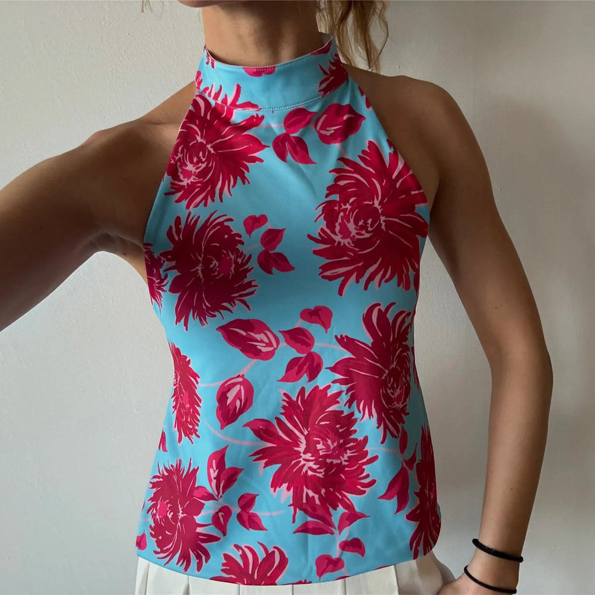 Boho Graphic Print Backless Camis Women Y2k Halter Tank Top Vintage Sleeveless Tie Up Crop Top Summer Vest Streetwear