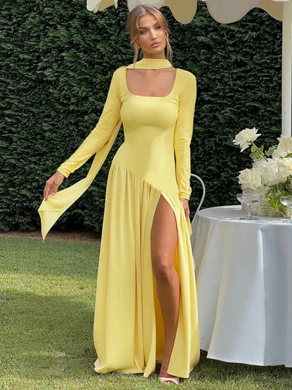 Long Sleeve Split Dresses for Woman Clothing 2025 Autumn Elegant Long Party Dresses with Scarf