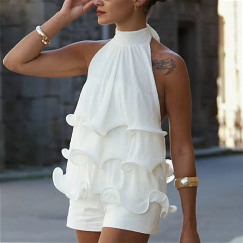 Women Halter Ruffle Crop Top Backless Tie Sleeveless Textured Blouse Y2K Aesthetic Daily Wear Party Summer Streetwear
