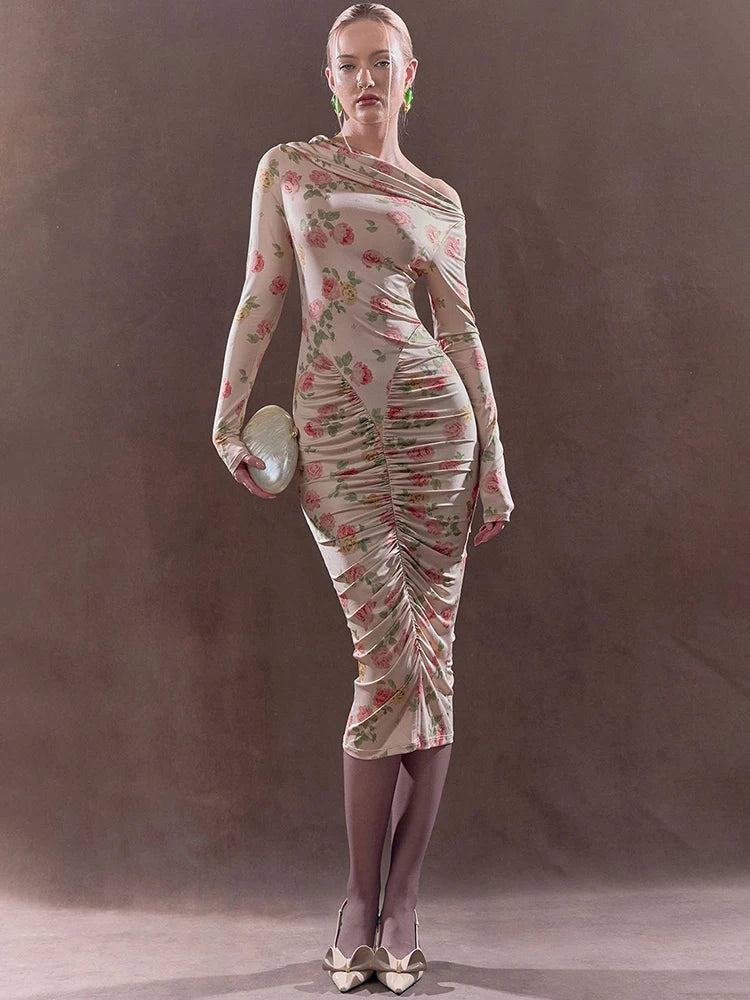 Diagonal Collar Long Sleeve Sexy Midi Dress Women Gown Elegant Backless Ruched Bodycon Club Party Long Dresses Female