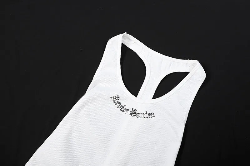 Low Cut Hollow Out Backless Mini Dresses Sexy Woman Clothes Letter Print White Ribbed Tank Dress