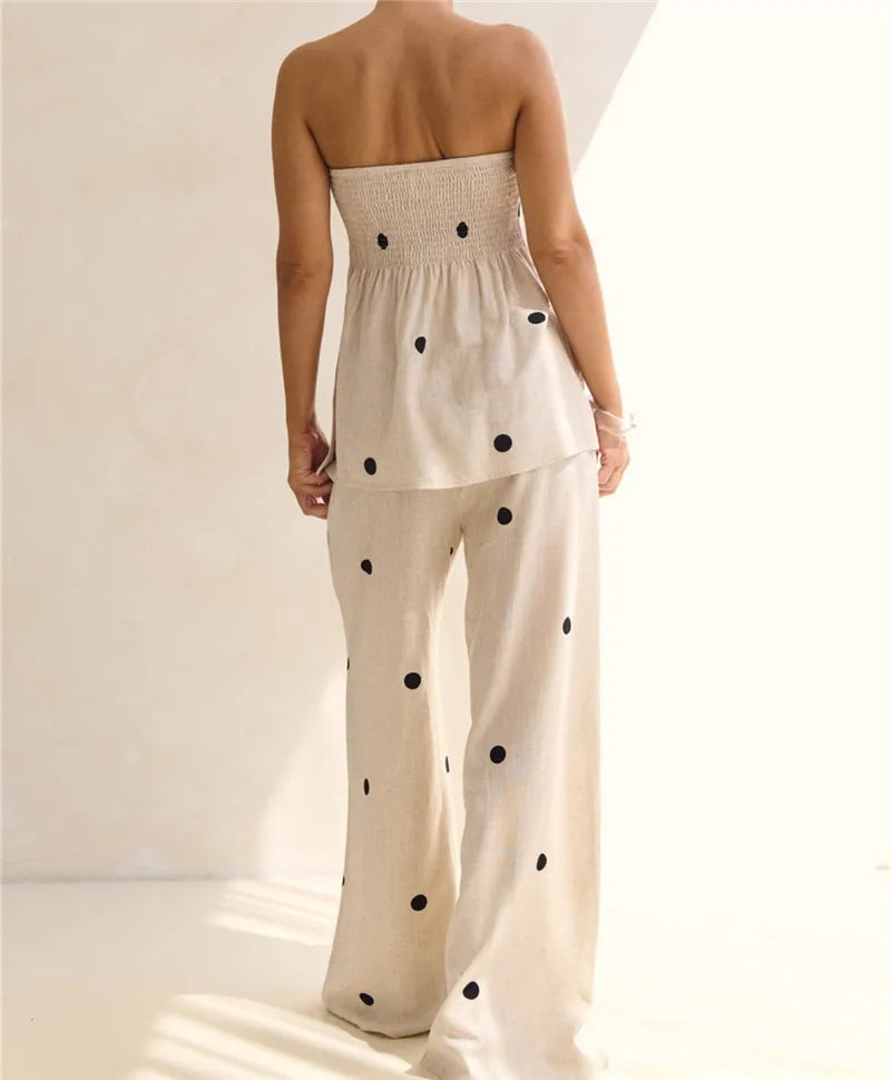 Fashion Polka Dot 2 Piece Outfits for Women Double Slit Strapless Tube Top + Baggy Wide Leg Pants Set Summer Streetwear