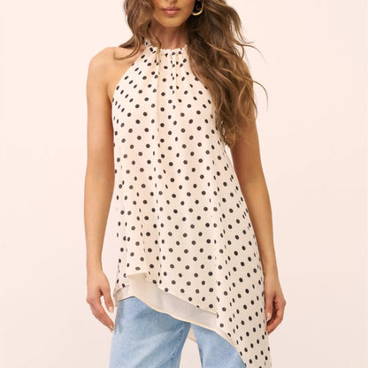Elegant Polka Dot Halter Top Women Open Back Chiffon Top Tie Neck Asymmetrical Hem Flowy Sleeveless Top SummerStreetwear