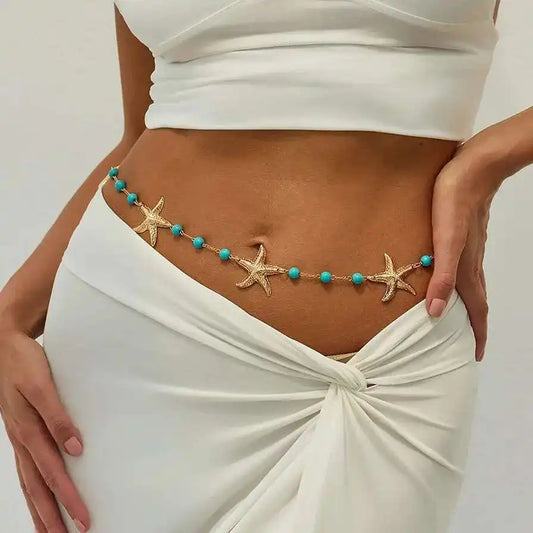 2025 Trendy Boho Starfish Blue Stone Waist Chain for Women Y2K Summer Beach Sexy Dress Bikini Belly Chain Body Jewelry