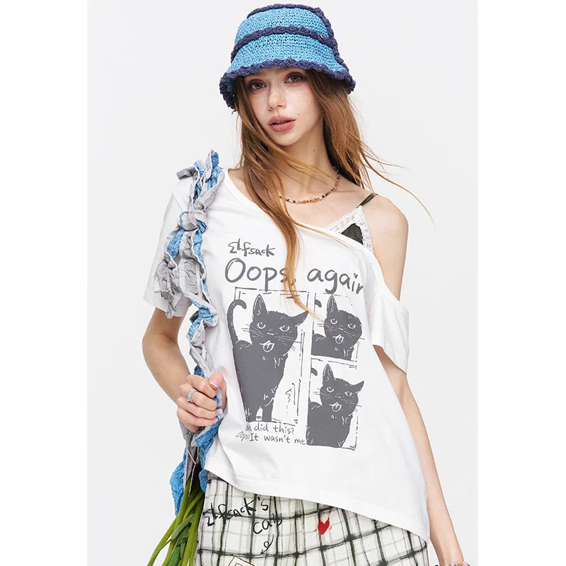 Cat Print Asymmetric T-Shirt, Letter Graphic Layered Tee, Short Sleeve Casual Top for Women