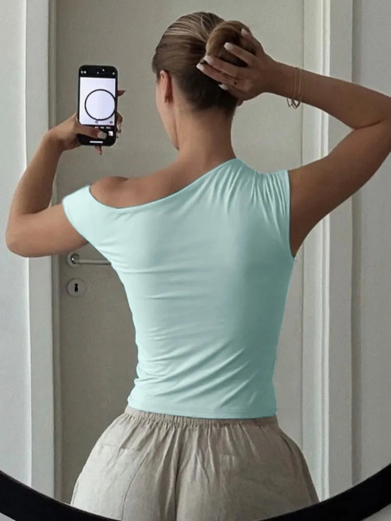 3d Flower-applique One Shoulder Sleeveless Crop Tops for Woman 2025 Sexy Ladies T Shirts Light Green