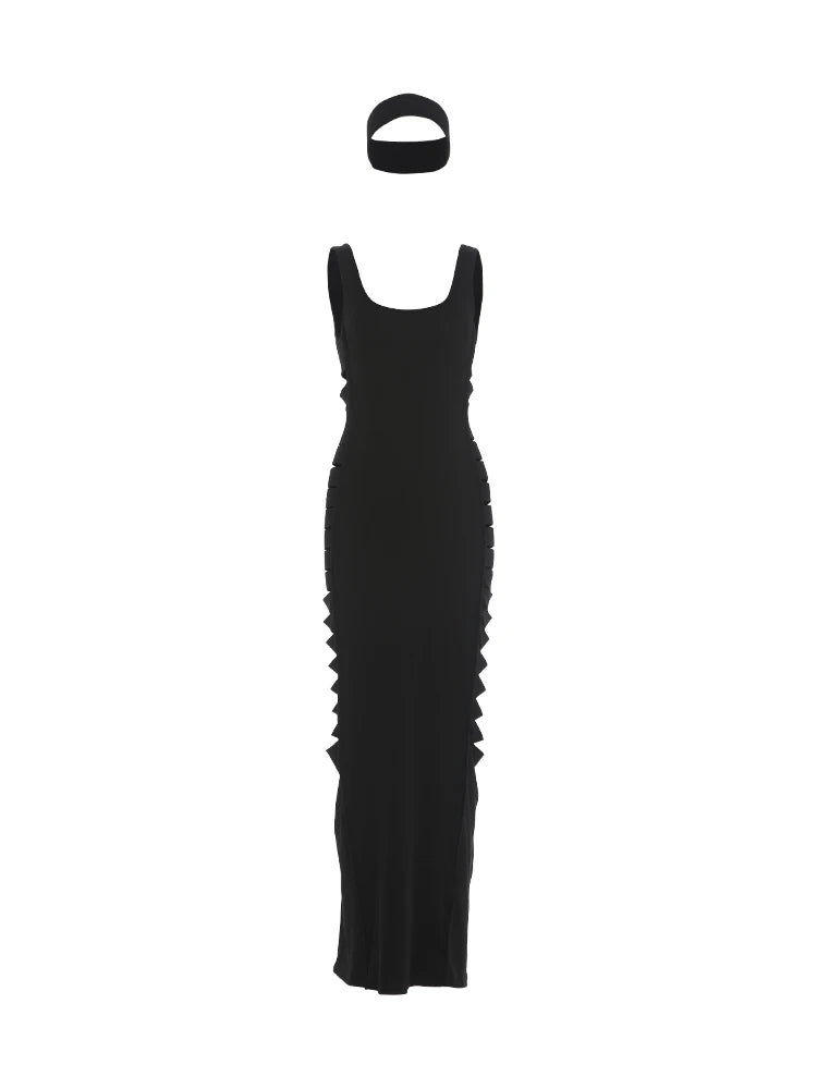 Fashion Hollow Dress Women Trend Elegant Patchwork Backless Sleeveless Stretch Sexy Evening Party Club Long Bodycon