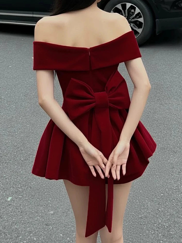 Ruched Bow Patchwork Dress Women Noble Chic Slash Neck Sleeveless Zip Ruffled Stretch Party Prom Banquet Sexy Bodycon