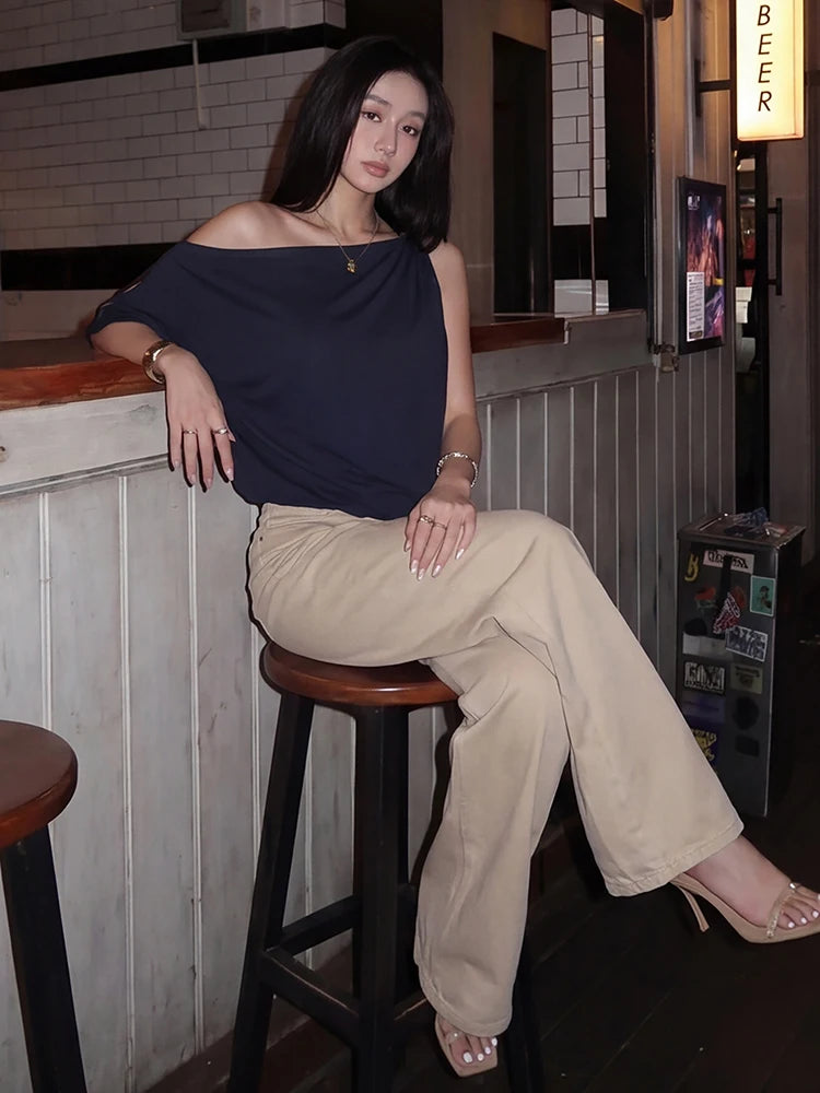 Fashion Off-Shoulder T-Shirt Women Trend Classes Skew Collar One-Sleeve Patchwork Stretch Casuals Street Sport Tess