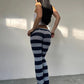 Autumn Trend Long Pants Woman Stripe Patchwork Crochet Shirring Elastic High Waist Skinny Peach Hip Street Style Bottoms