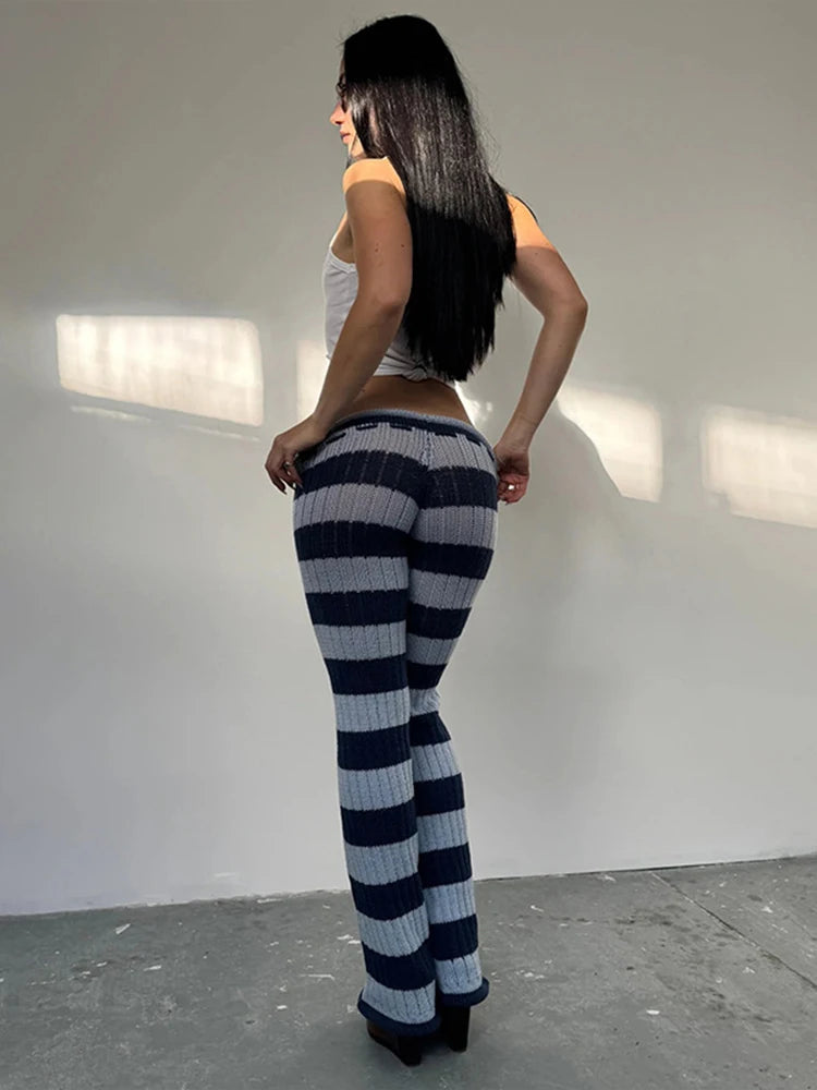 Autumn Trend Long Pants Woman Stripe Patchwork Crochet Shirring Elastic High Waist Skinny Peach Hip Street Style Bottoms