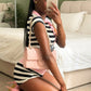 Stripe Print 2 Piece Set Woman Button Lapel Short Sleeve T-Shirts+Elastic Waist Shorts High Street Fashion Outfits