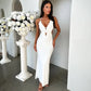 Ruffled Deep V Halter Long Dresses for Women Holiday Wedding Party White Backless Dress Elegant Sexy Outfits