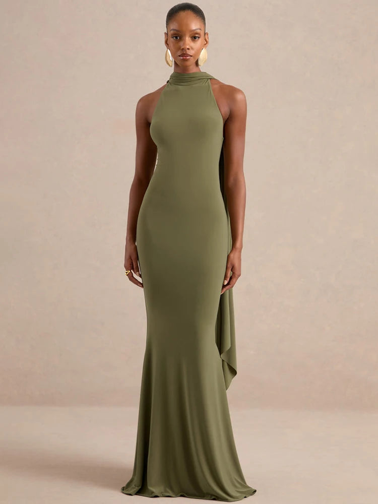 Women Sexy Mermaid Maxi Dress Halter Sleeveless With Flowing Cape Backless Bodycon Long Formal Evening Party Dress