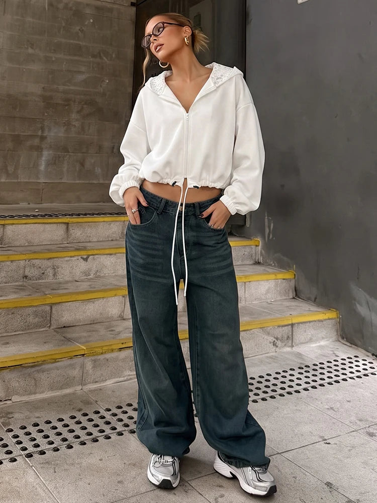 Jacquard Hooded Crop Jacket Women Trend Autumn Fashion Pleats Zip Patchwork Full Sleeve Trend Street Sporty Outfits