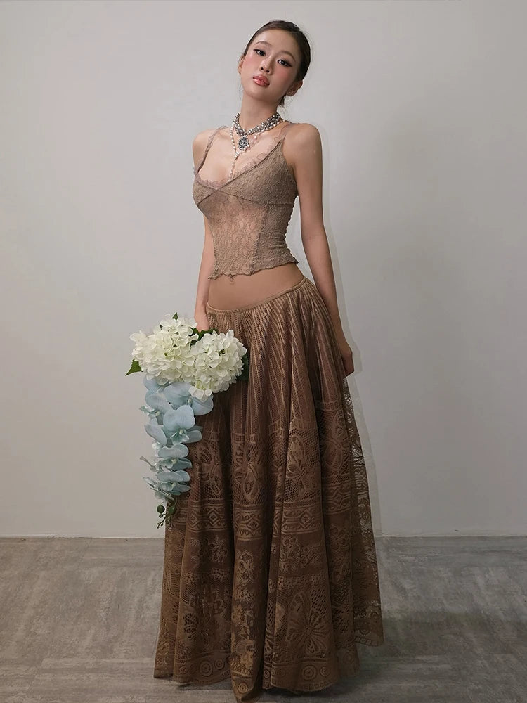 Jacquard Elegant 2-Piece Set Women Skinny Sexy Tank Tops+Drapes Long Skirts Banquet Vacation Matching Clubwear Suit