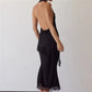 2 Piece Satin Halter Lace Trim Cowl Neck Backless Tops with Mid Length Slip Skirt Set For Women Party Cocktail Nightclub